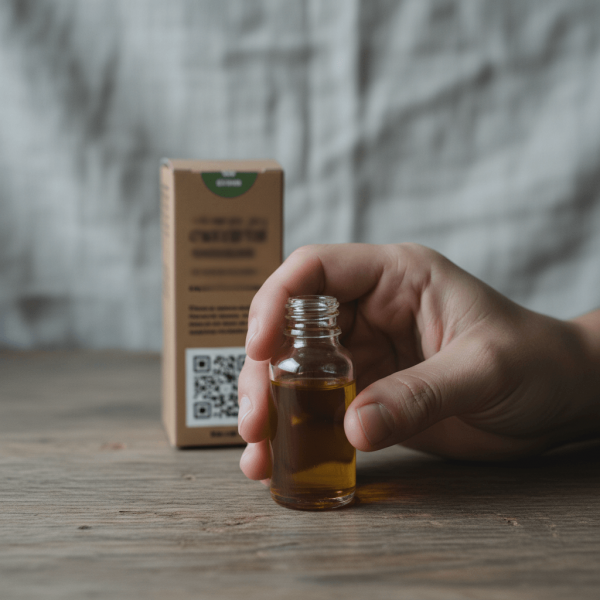 Consommateur consultant un emballage CBD avec QR code pour accéder au COA du produit